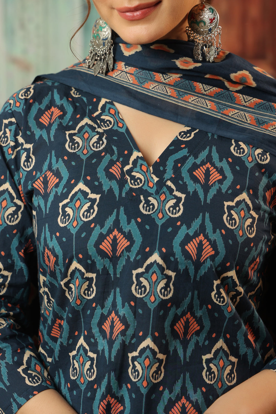 Navy Blue Ikkat Cotton Suit Set