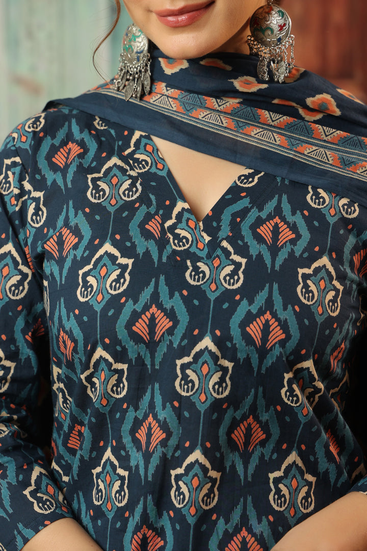 Navy Blue Ikkat Cotton Suit Set