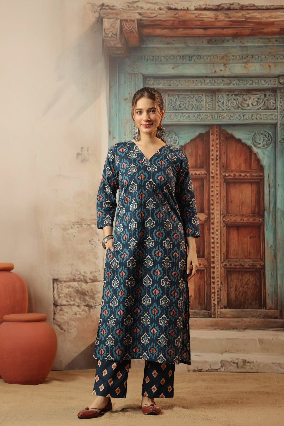 Navy Blue Ikkat Cotton Suit Set