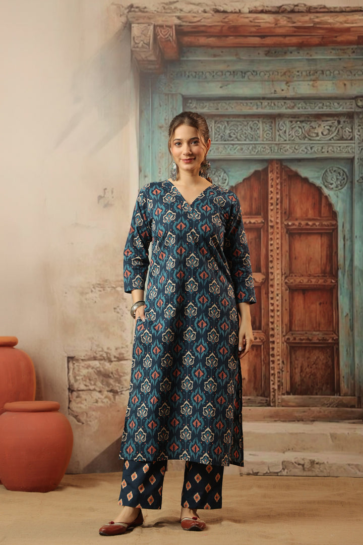 Navy Blue Ikkat Cotton Suit Set