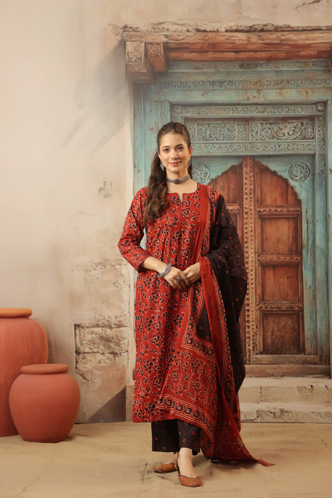 Devi Red Cotton Suit Set