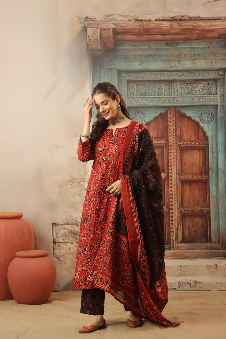 Devi Red Cotton Suit Set