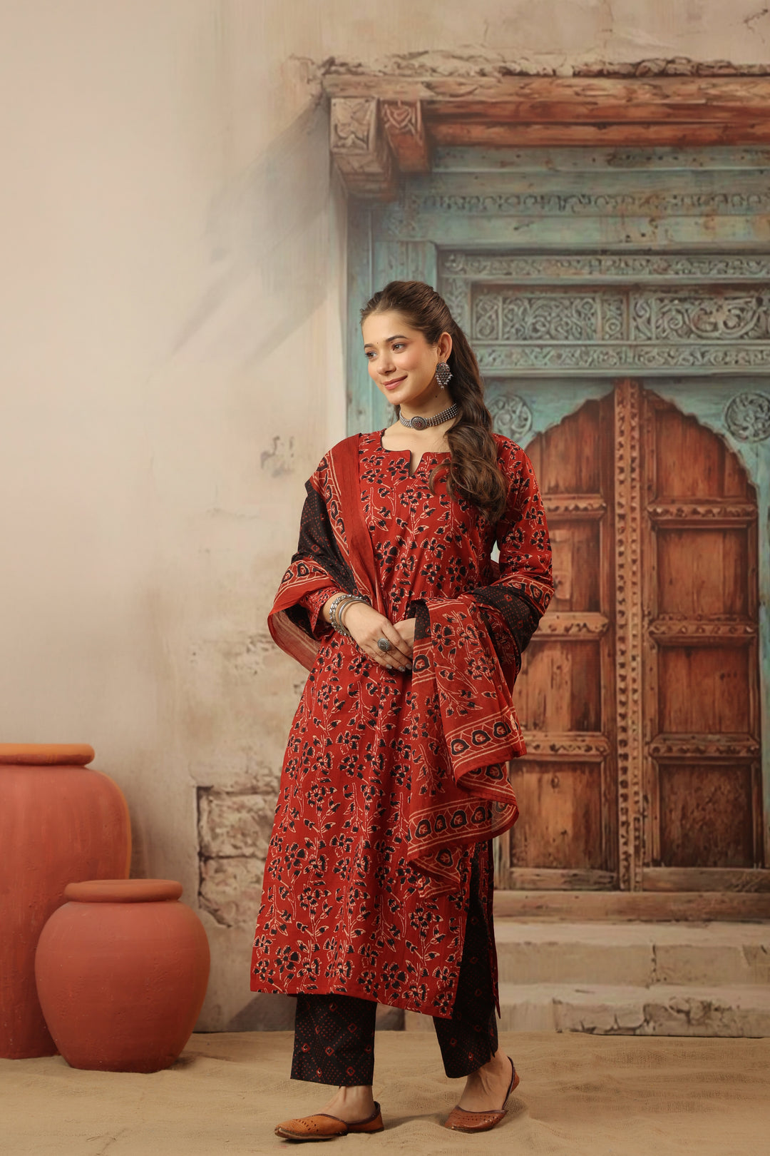 Devi Red Cotton Suit Set