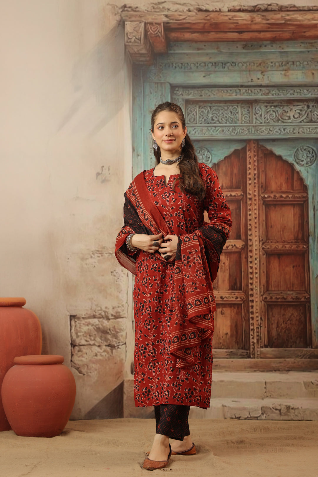 Devi Red Cotton Suit Set