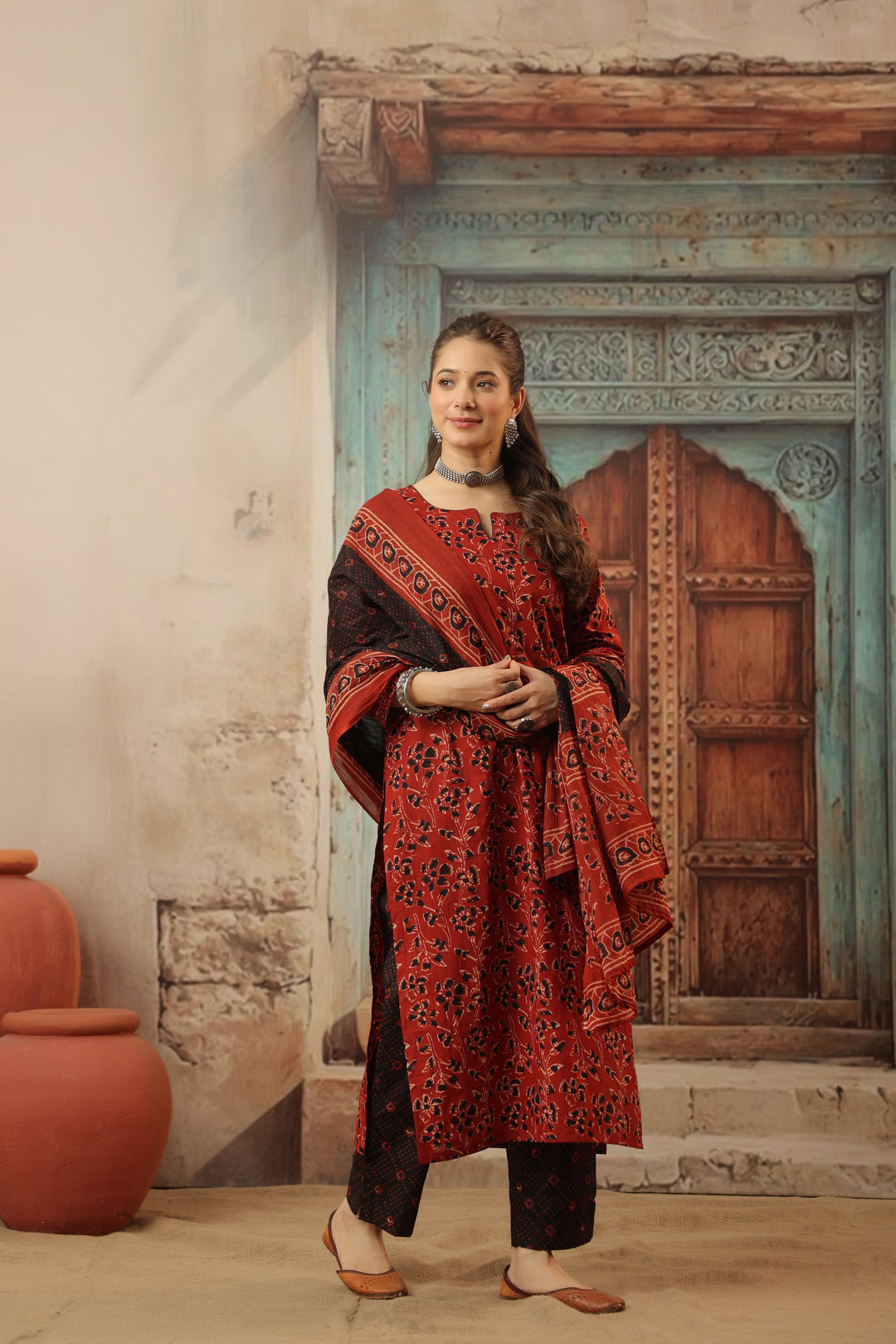 Devi Red Cotton Suit Set