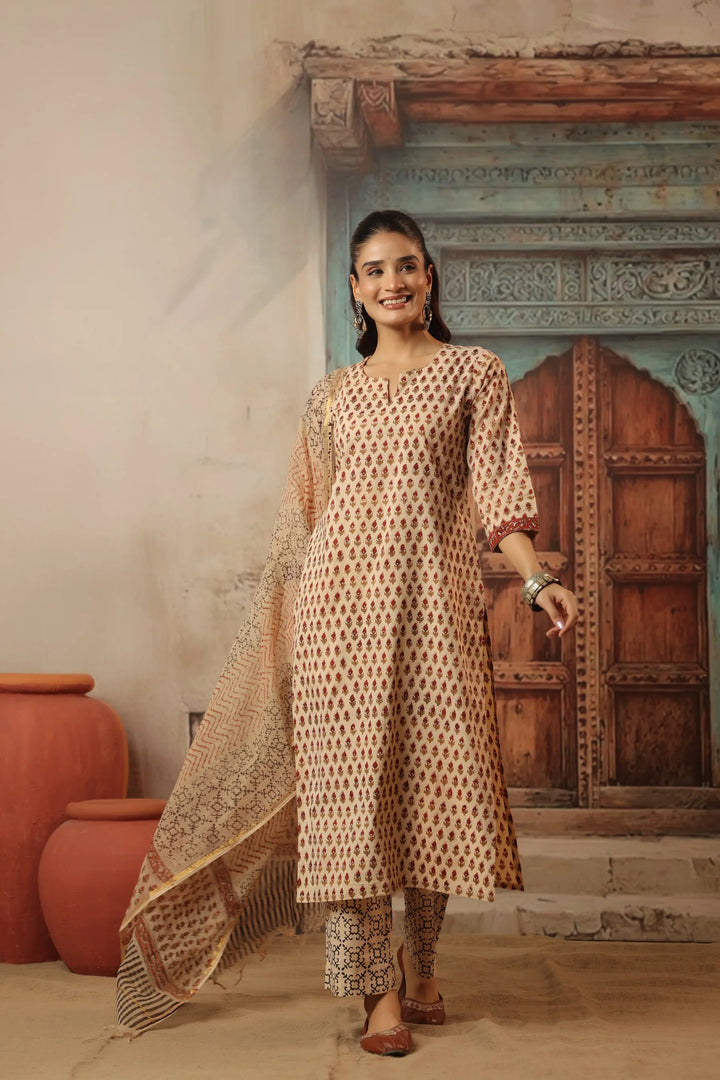 Unstitched - Chanchal Beige Bagru Suit Set