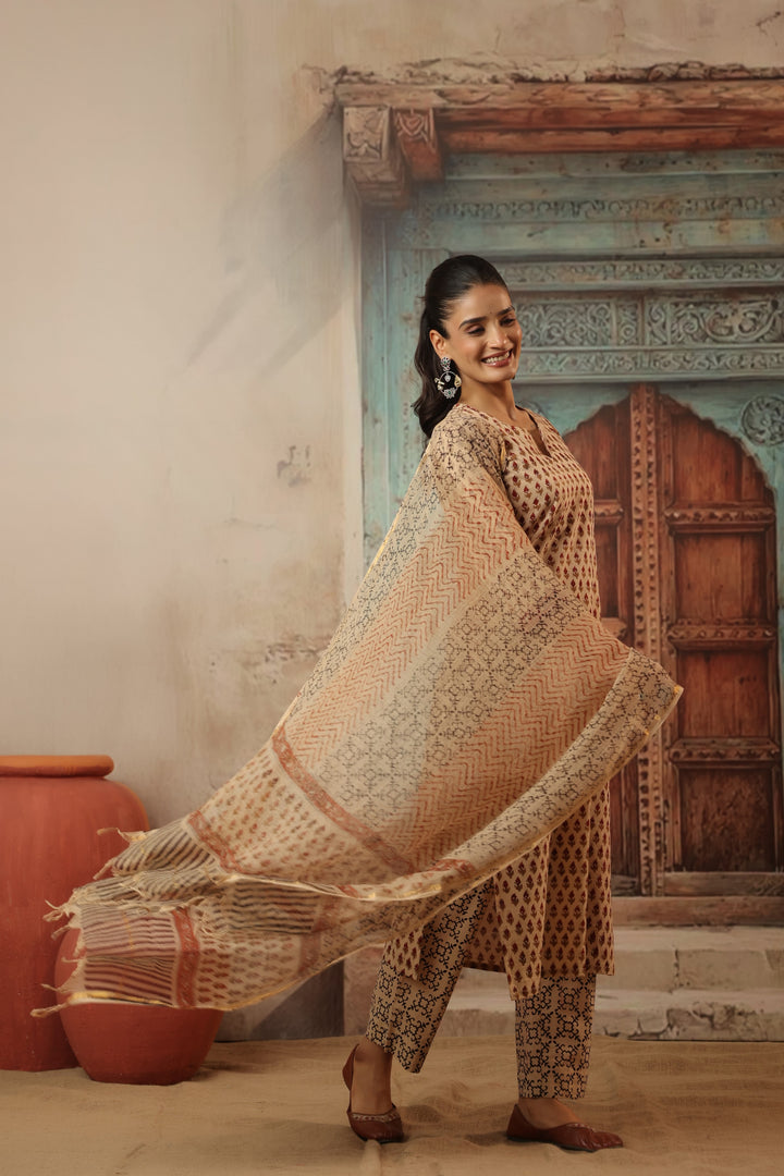 Chanchal Beige Bagru Suit Set