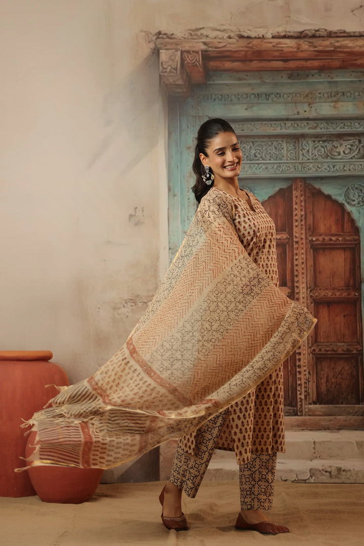 Unstitched - Chanchal Beige Bagru Suit Set