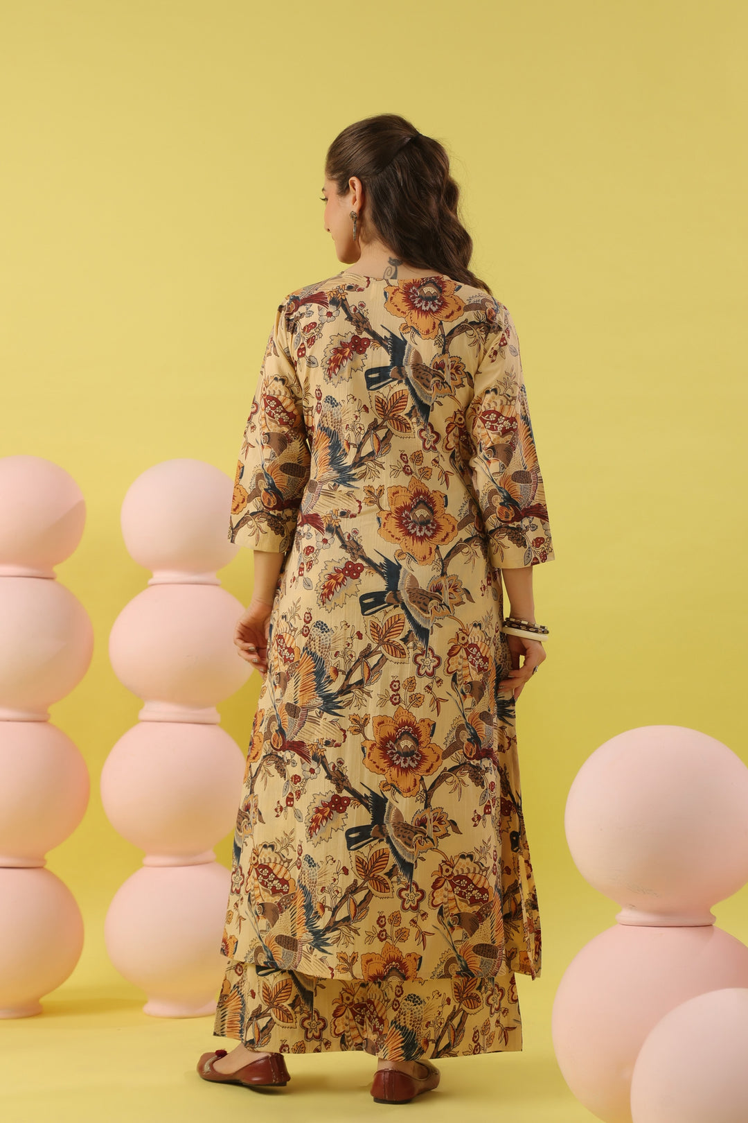 Beige Bird Cotton A-line Kurta Set