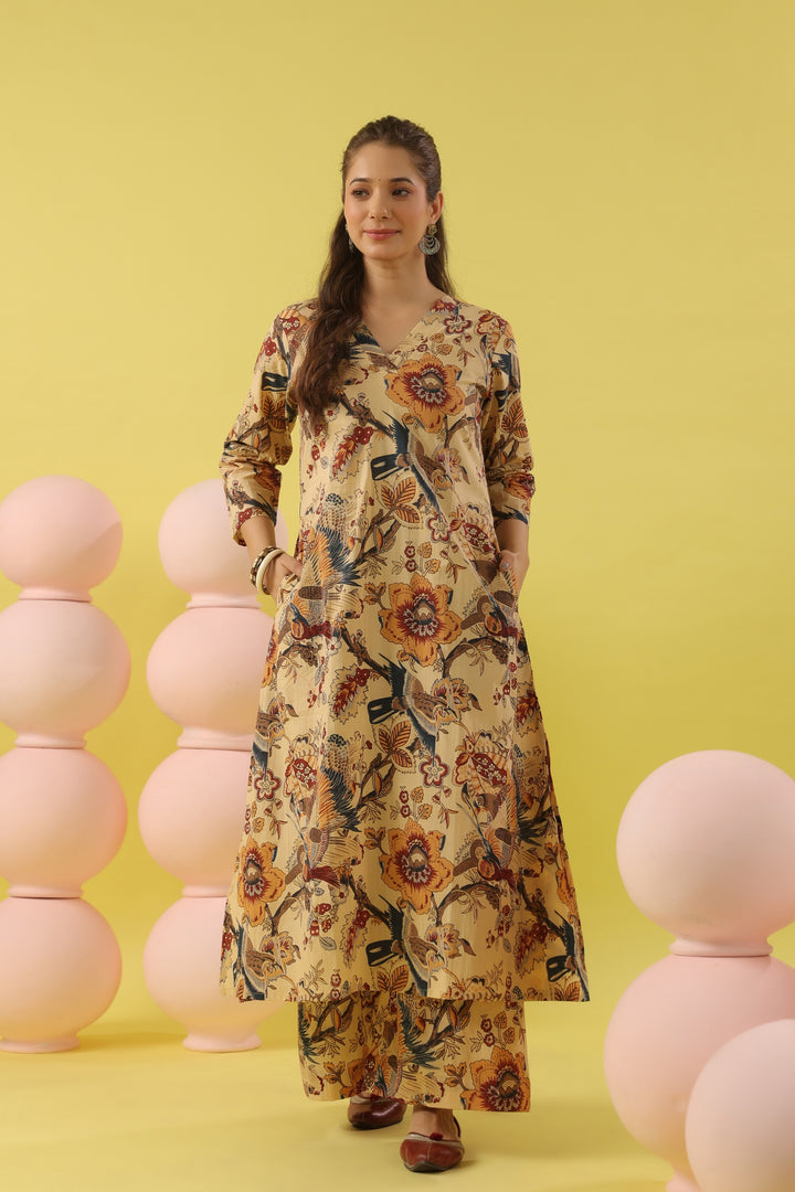Beige Bird Cotton A-line Kurta Set