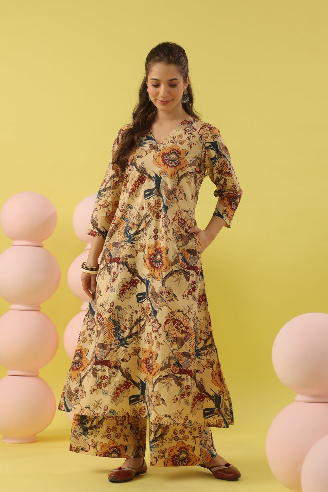 Beige Bird Cotton A-line Kurta Set