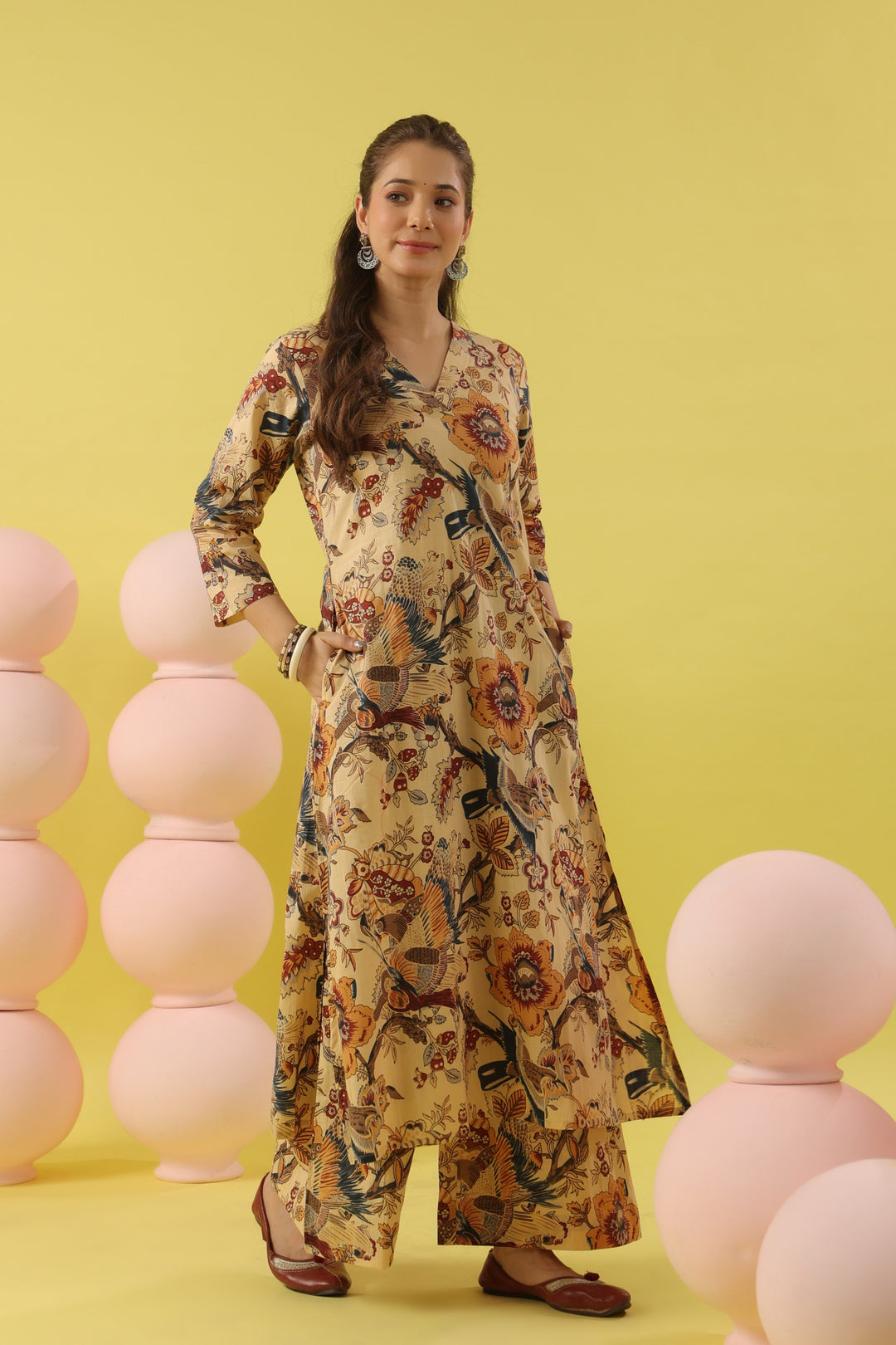 Beige Bird Cotton A-line Kurta Set