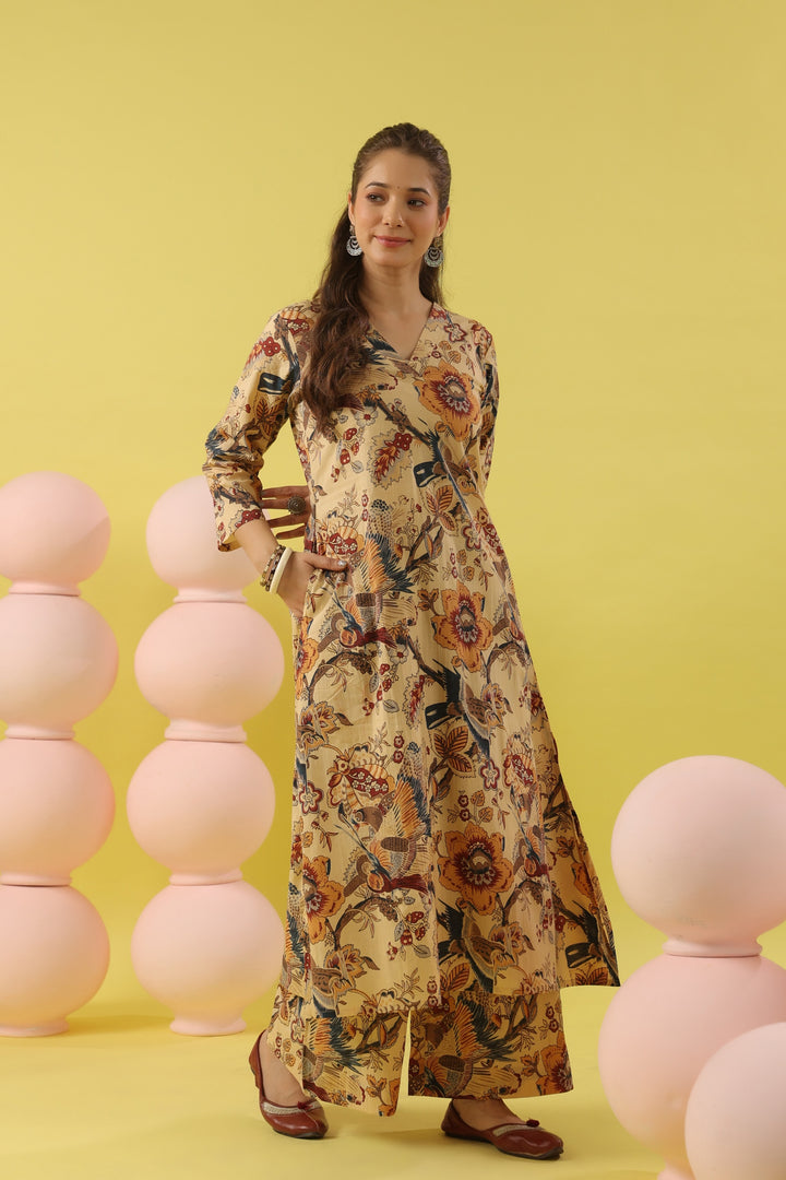 Beige Bird Cotton A-line Kurta Set