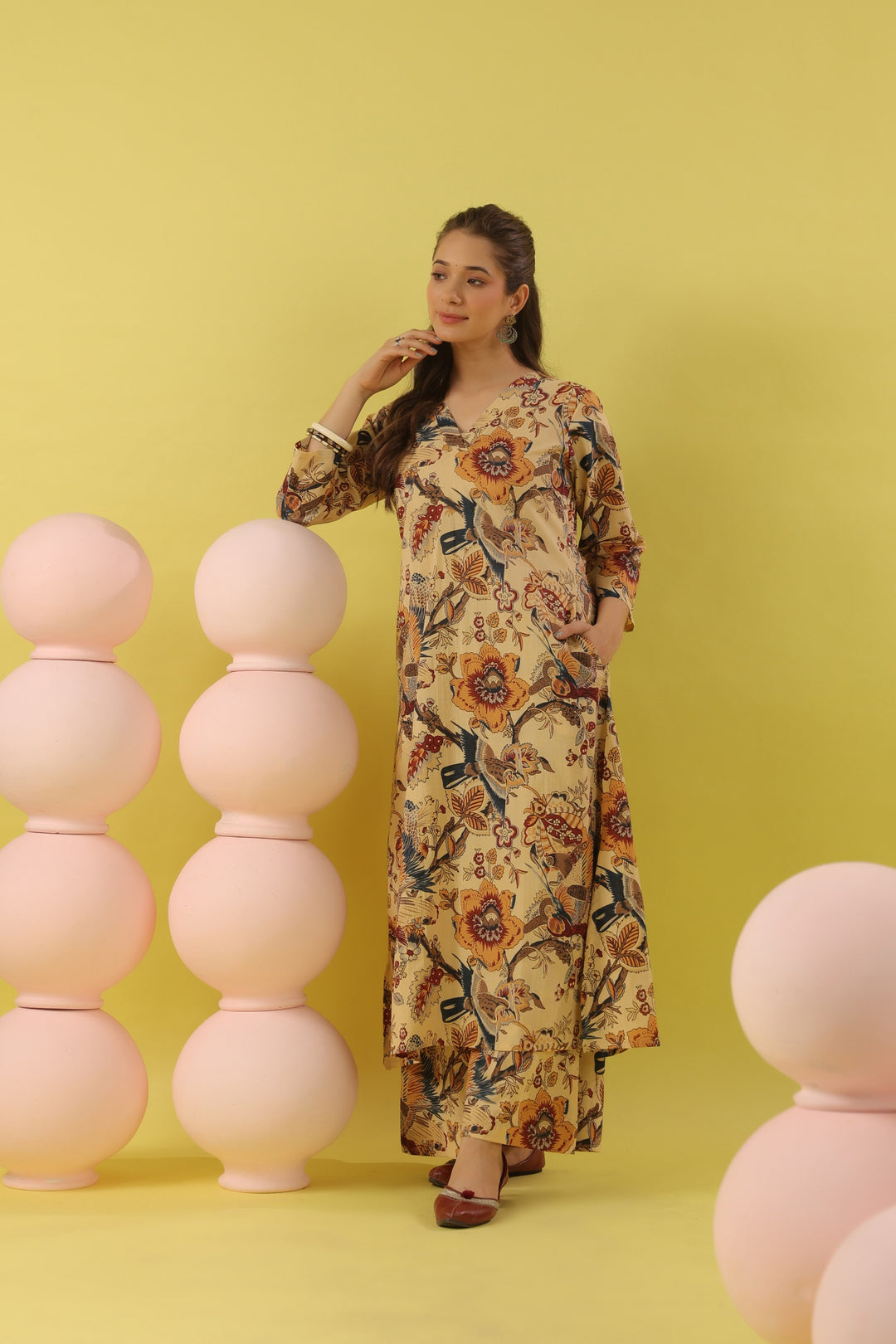 Beige Bird Cotton A-line Kurta Set