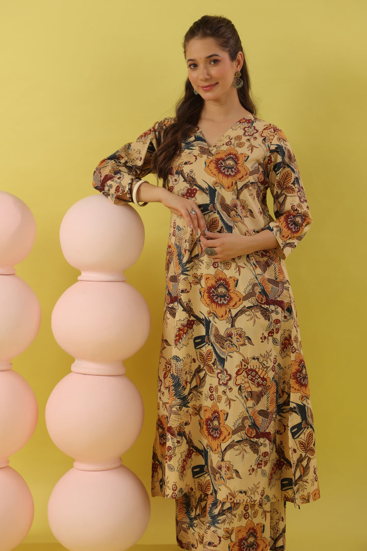 Beige Bird Cotton A-line Kurta Set