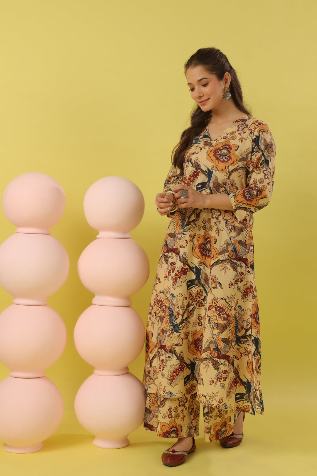 Beige Bird Cotton A-line Kurta Set