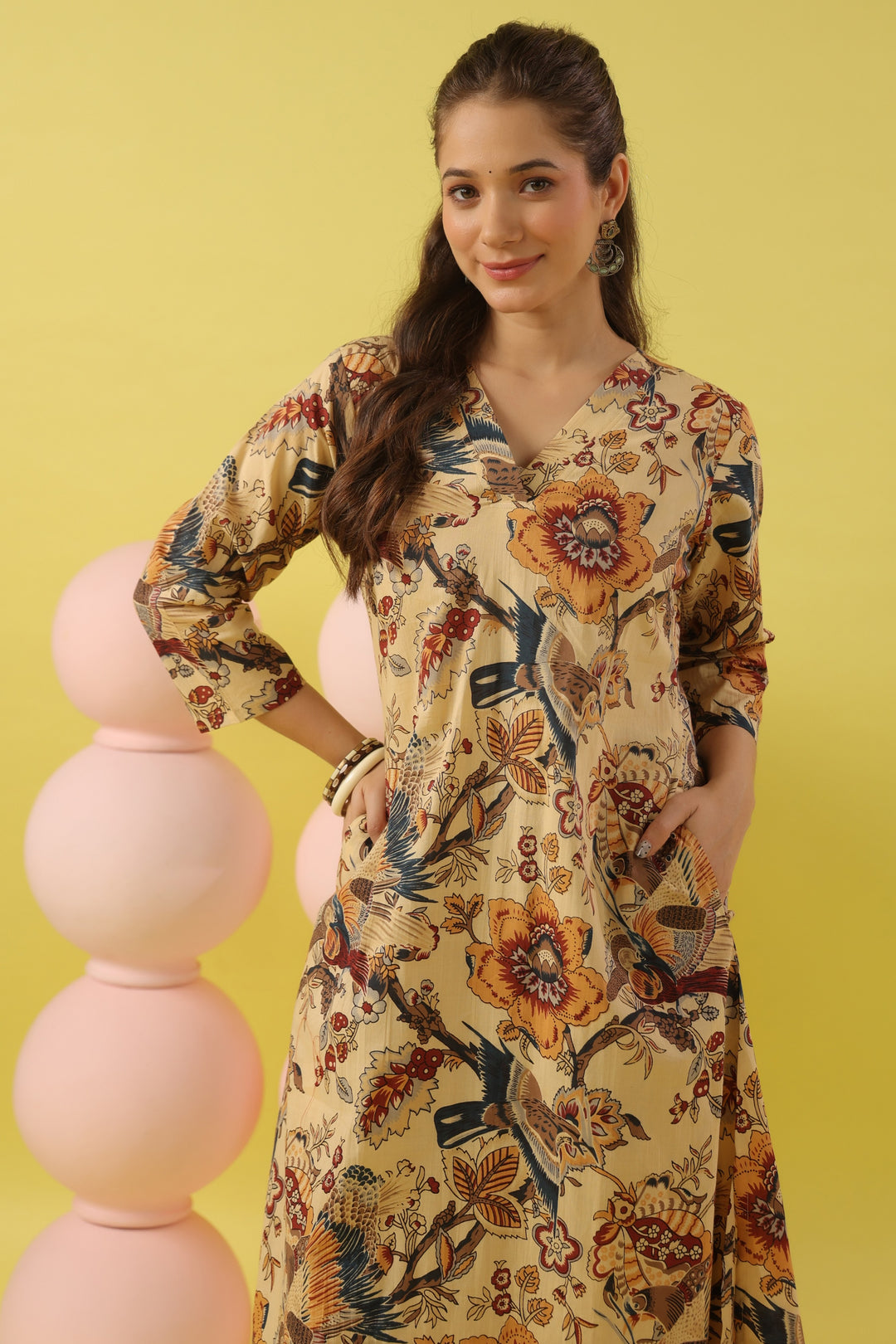Beige Bird Cotton A-line Kurta Set