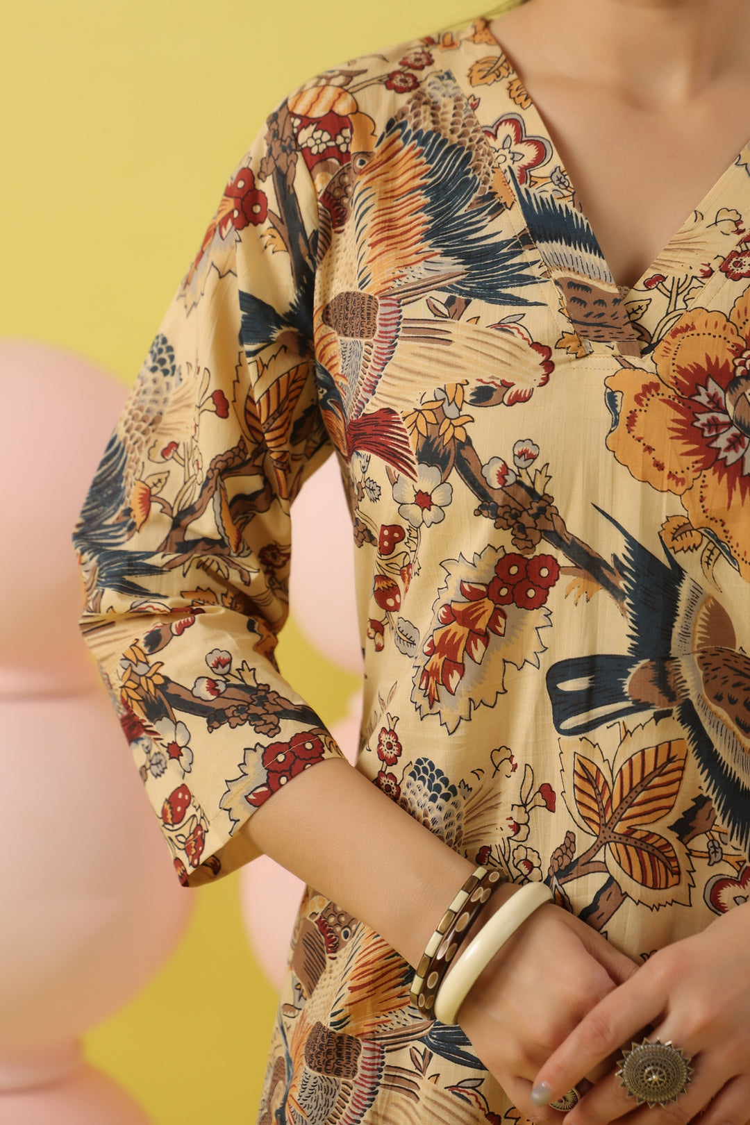 Beige Bird Cotton A-line Kurta Set
