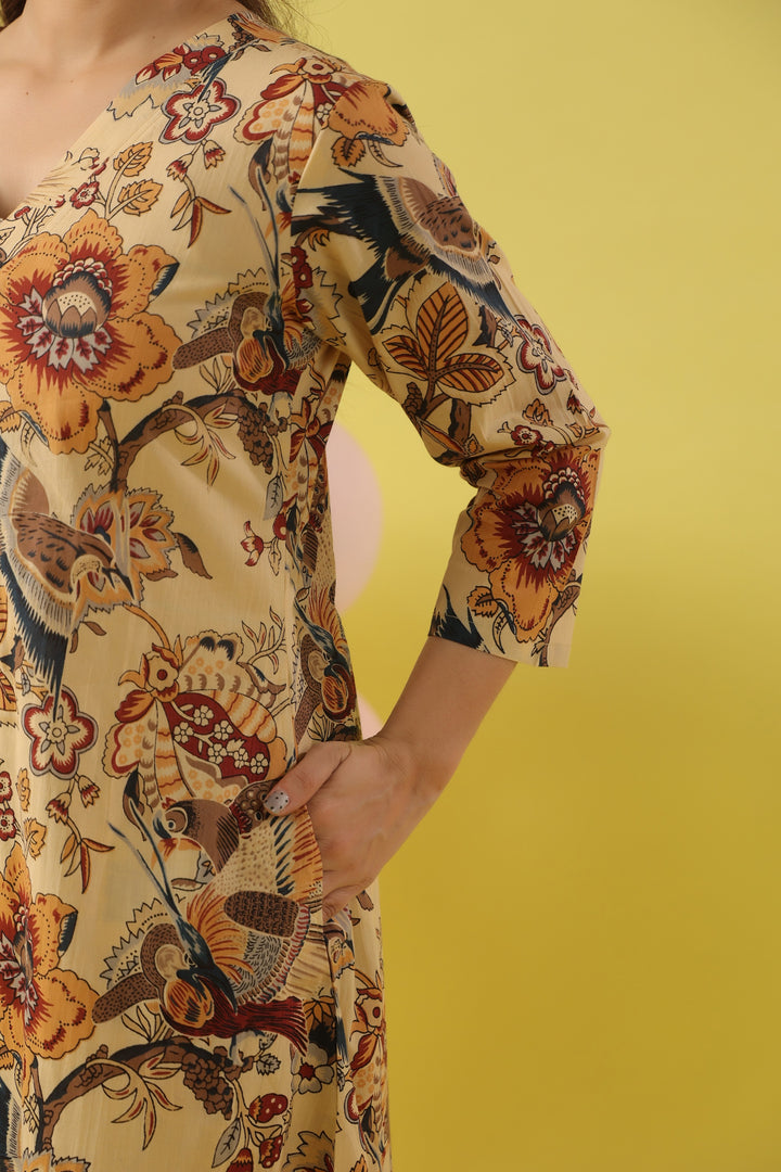 Beige Bird Cotton A-line Kurta Set