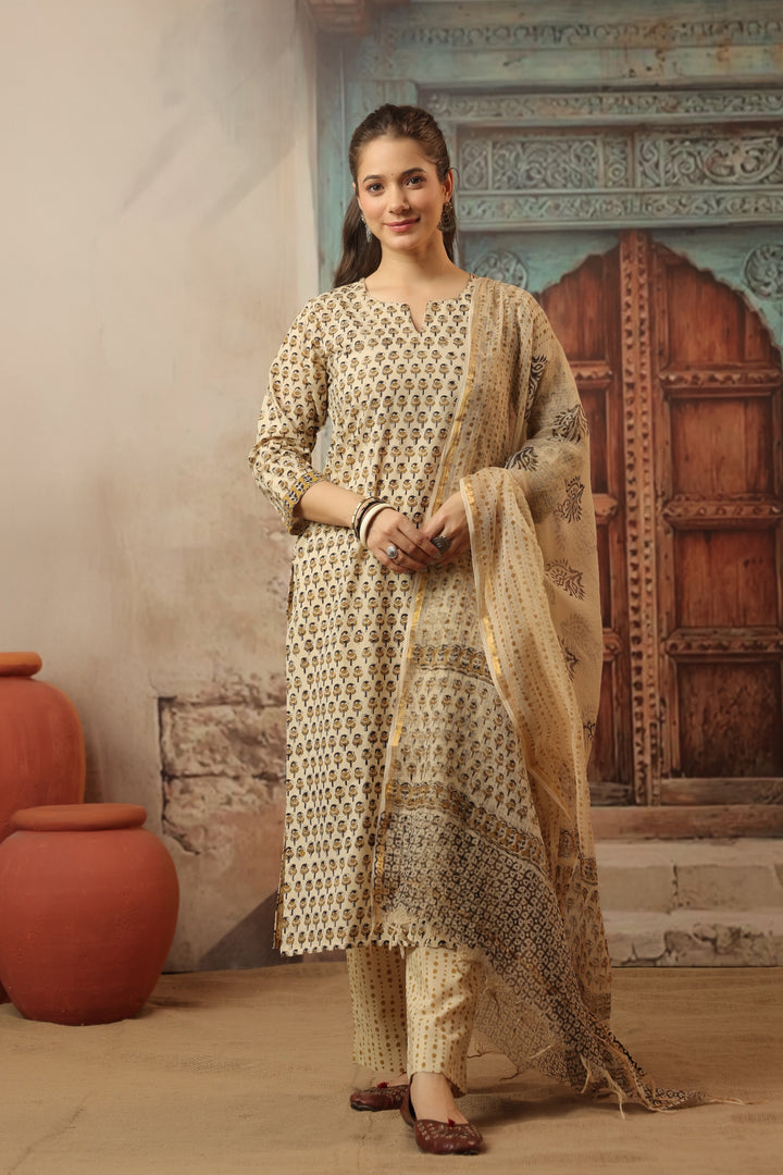 Anika Beige Bagru Suit Set