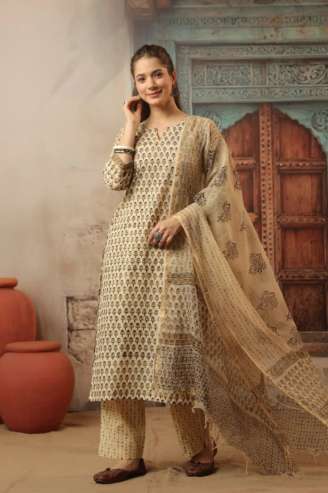 Unstitched - Anika Beige Bagru Suit Set