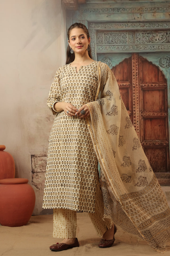 Anika Beige Bagru Suit Set