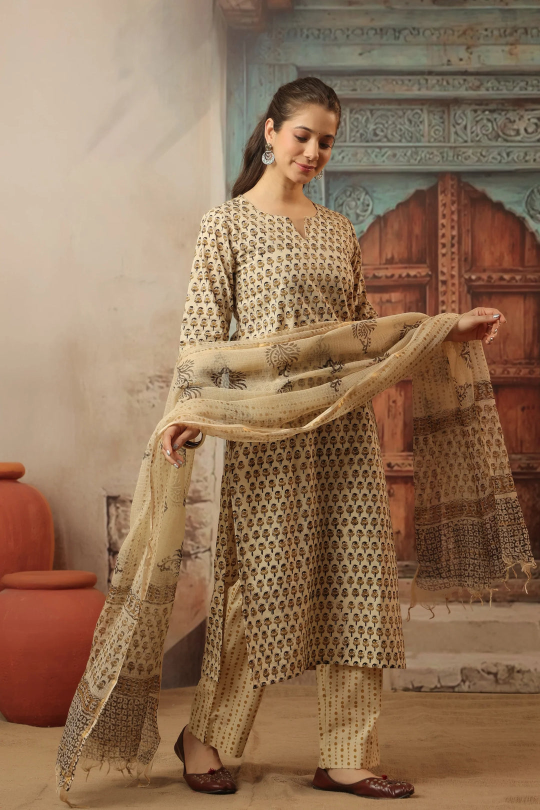 Unstitched - Anika Beige Bagru Suit Set