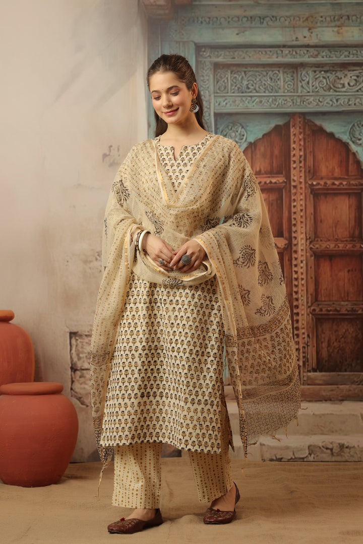 Anika Beige Bagru Suit Set