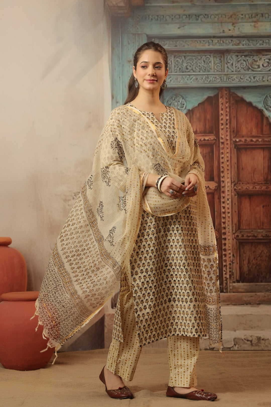 Anika Beige Bagru Suit Set