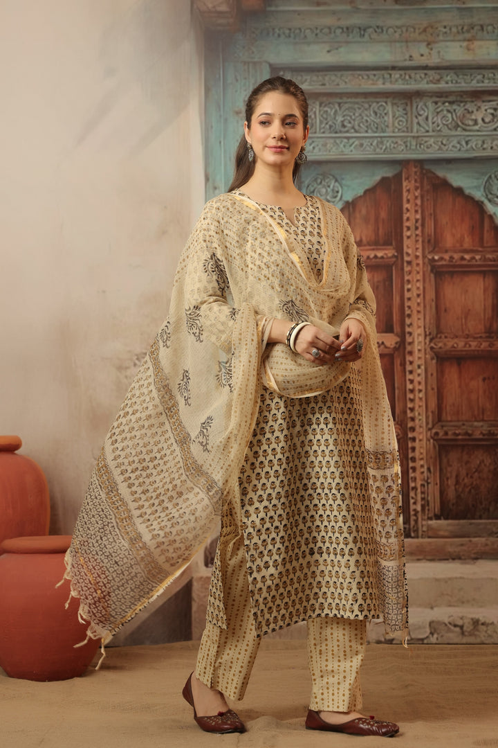 Anika Beige Bagru Suit Set