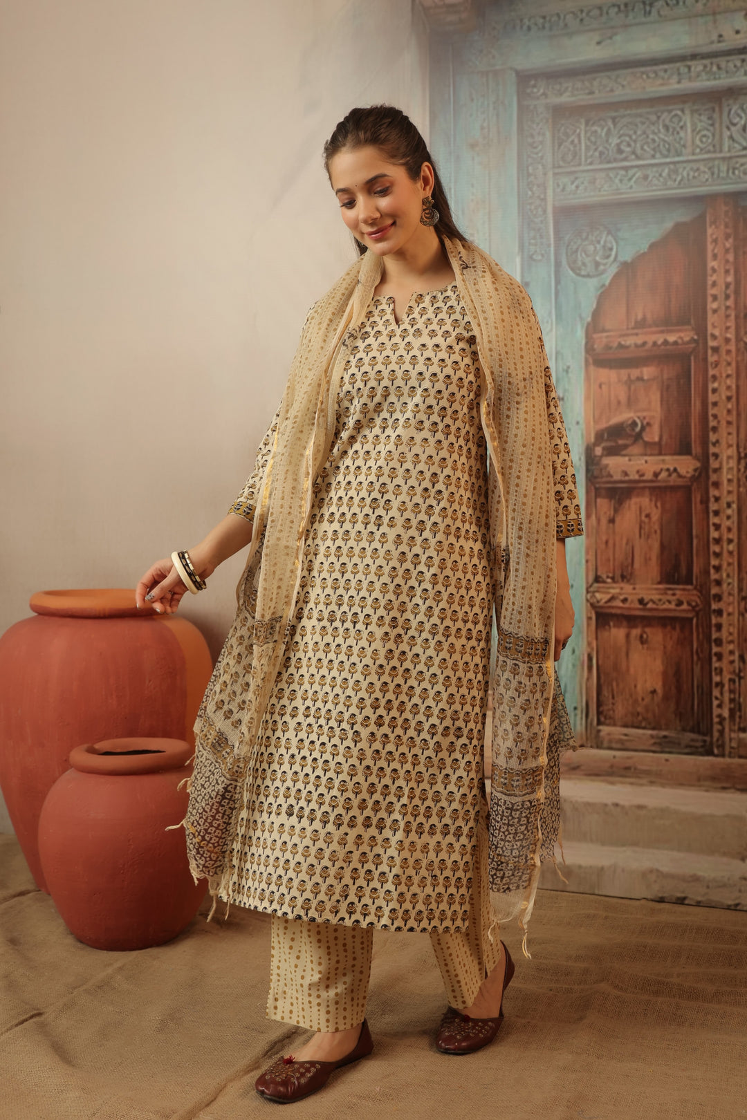 Anika Beige Bagru Suit Set