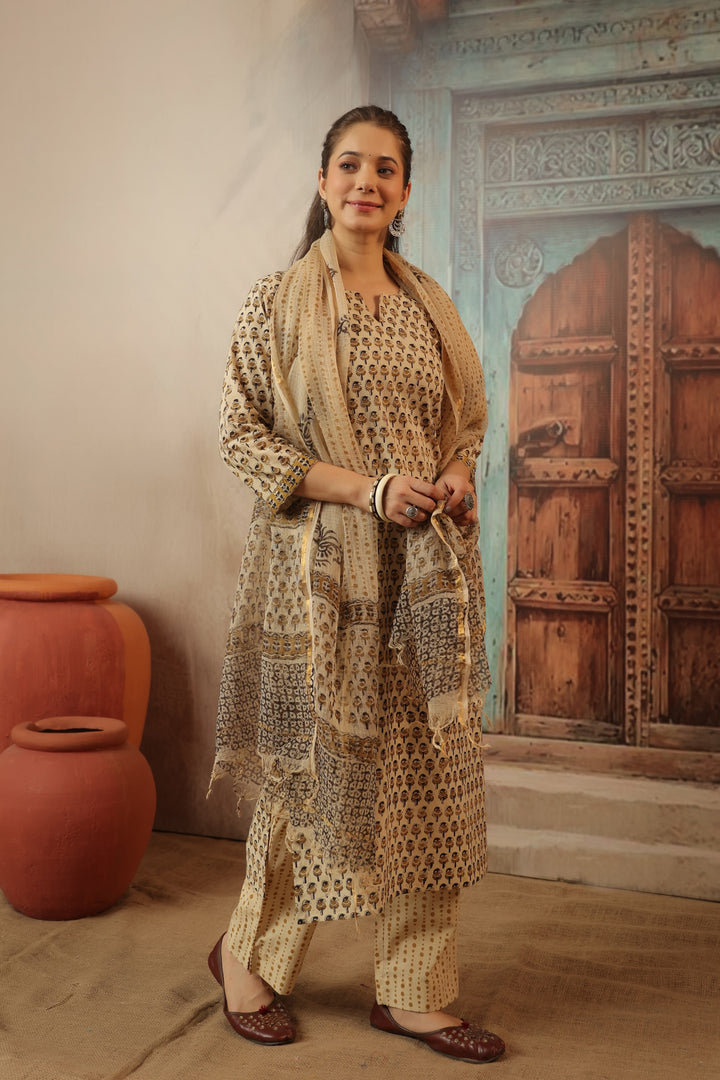 Anika Beige Bagru Suit Set