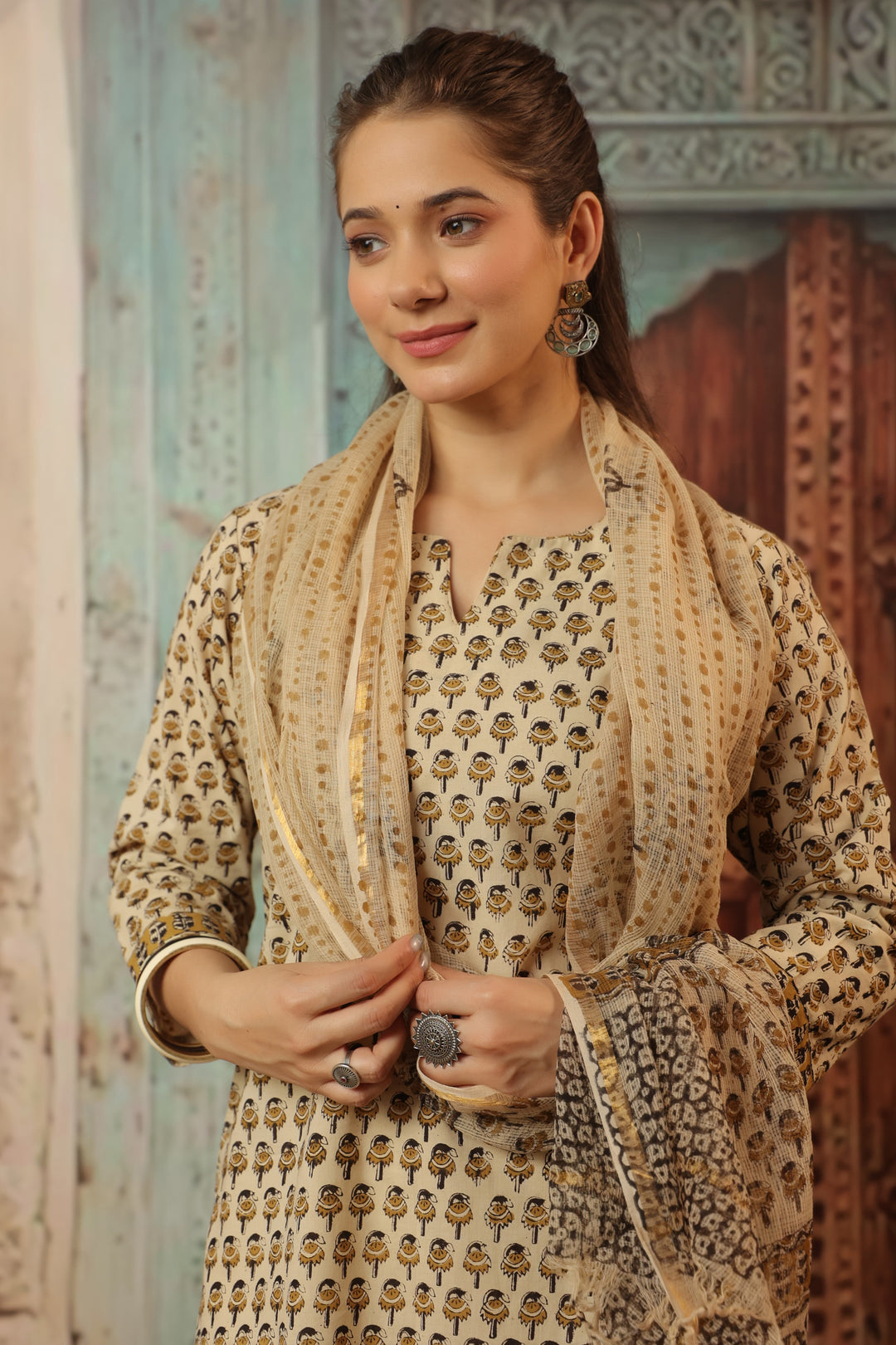 Anika Beige Bagru Suit Set