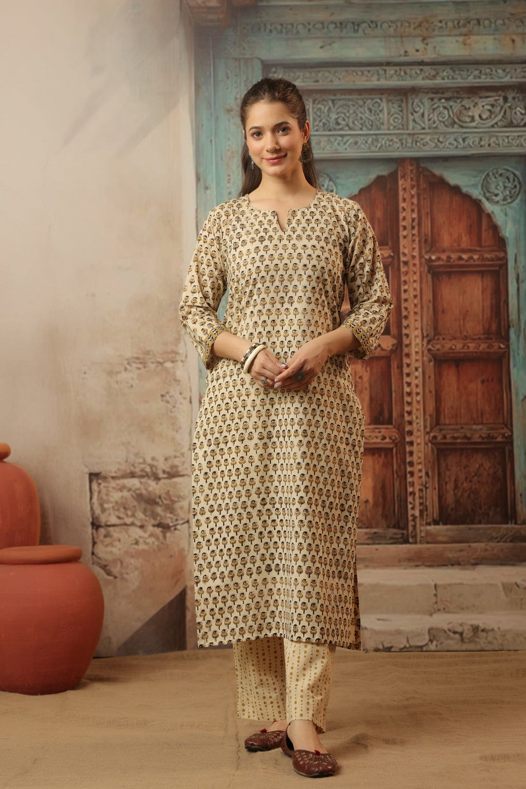 Anika Beige Bagru Suit Set