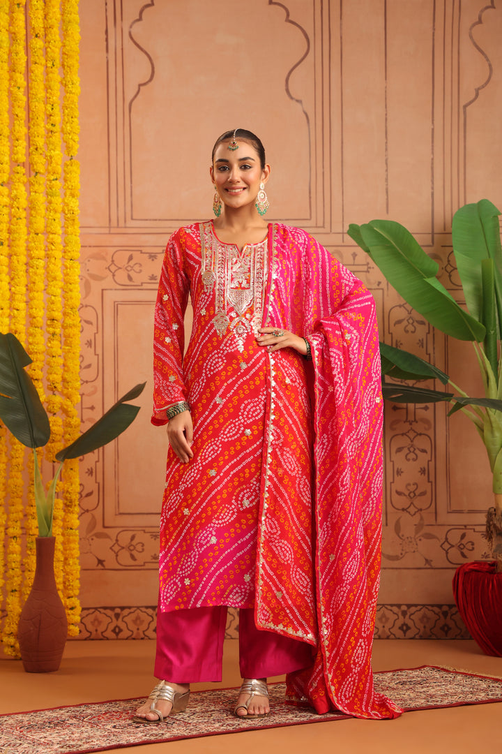 Nitya Red Rani Gota Mirror Bandhej Suit Set
