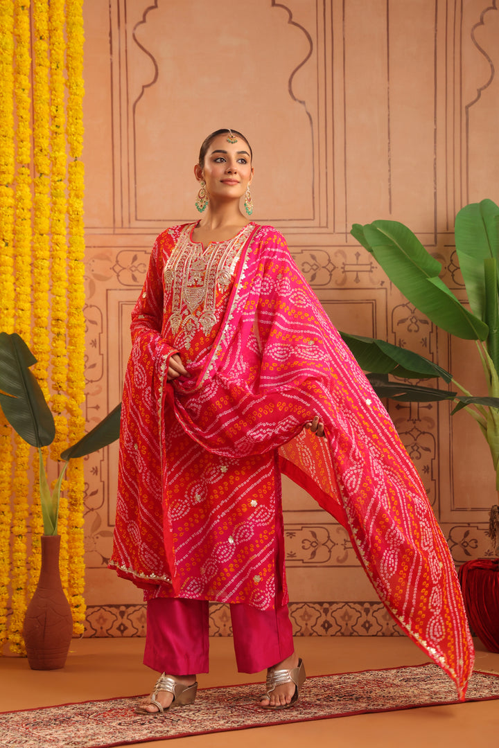 Nitya Red Rani Gota Mirror Bandhej Suit Set