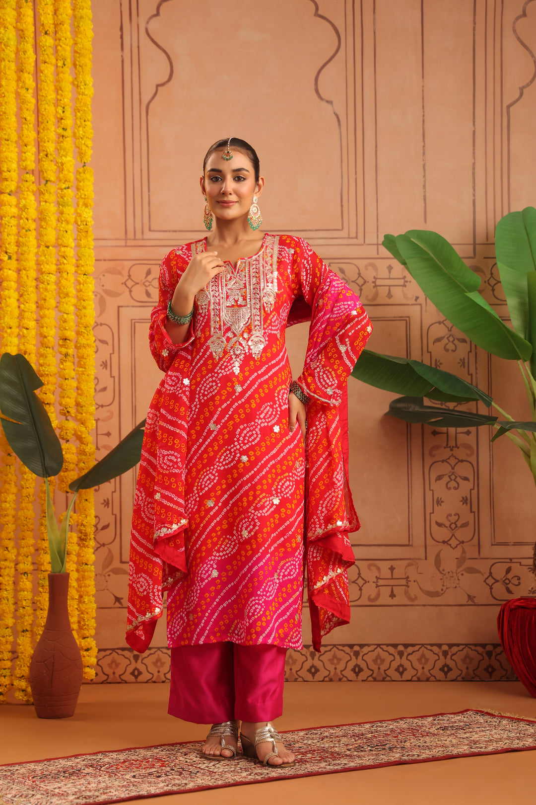 Nitya Red Rani Gota Mirror Bandhej Suit Set