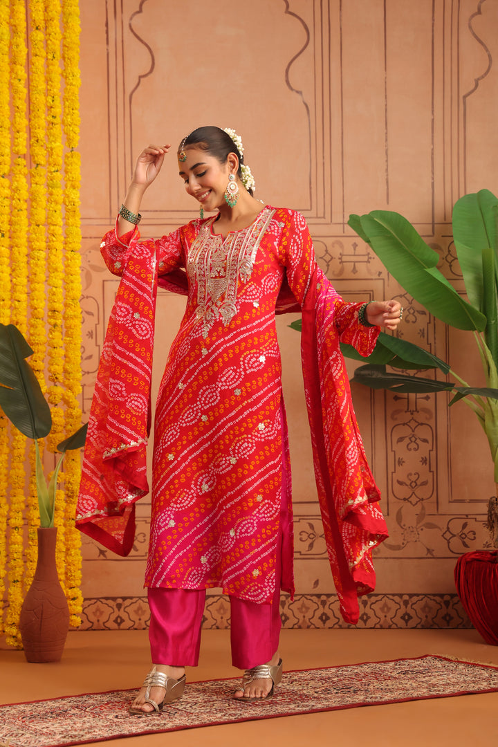 Nitya Red Rani Gota Mirror Bandhej Suit Set