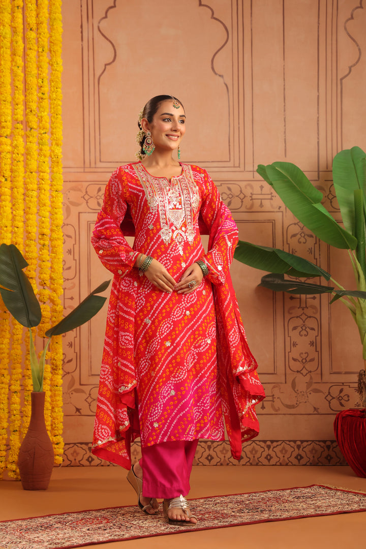 Nitya Red Rani Gota Mirror Bandhej Suit Set