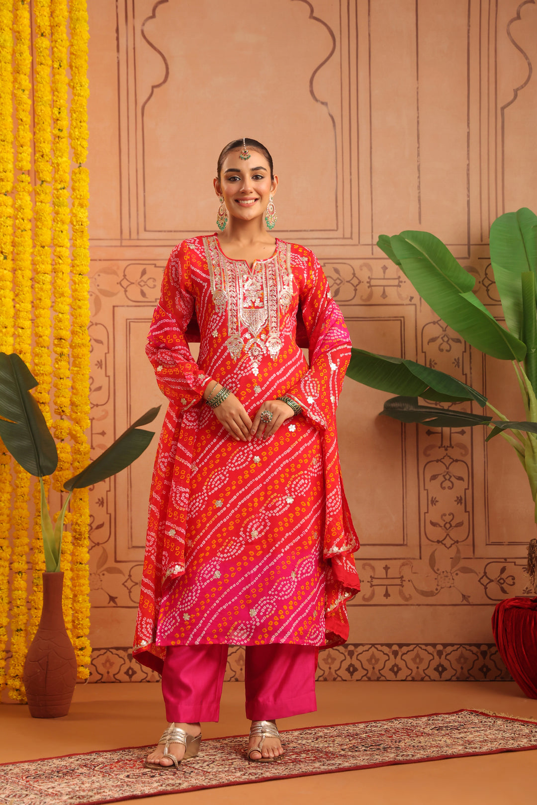Nitya Red Rani Gota Mirror Bandhej Suit Set