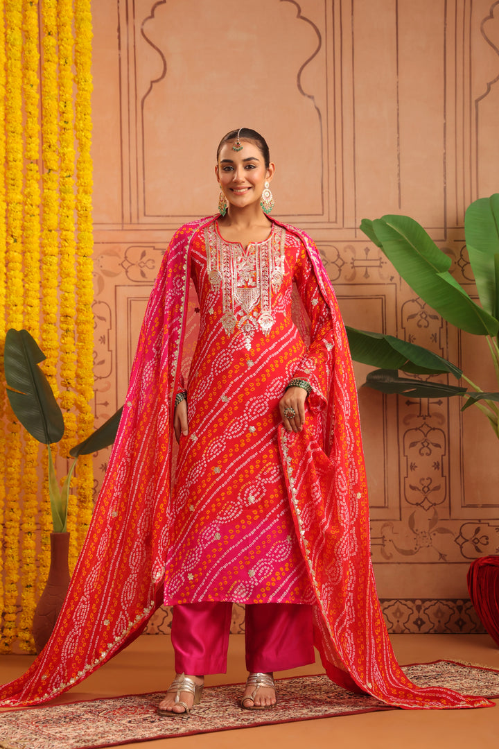 Nitya Red Rani Gota Mirror Bandhej Suit Set