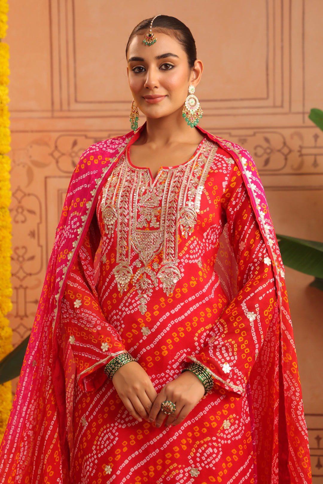 Nitya Red Rani Gota Mirror Bandhej Suit Set