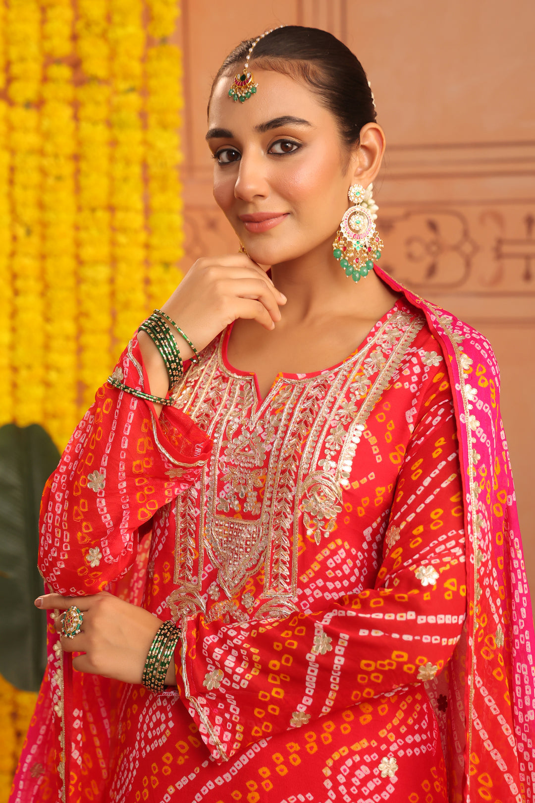 Nitya Red Rani Gota Mirror Bandhej Suit Set