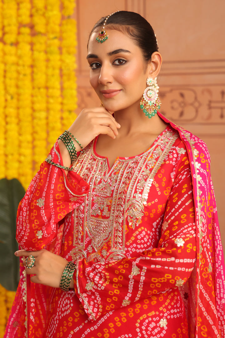 Nitya Red Rani Gota Mirror Bandhej Suit Set