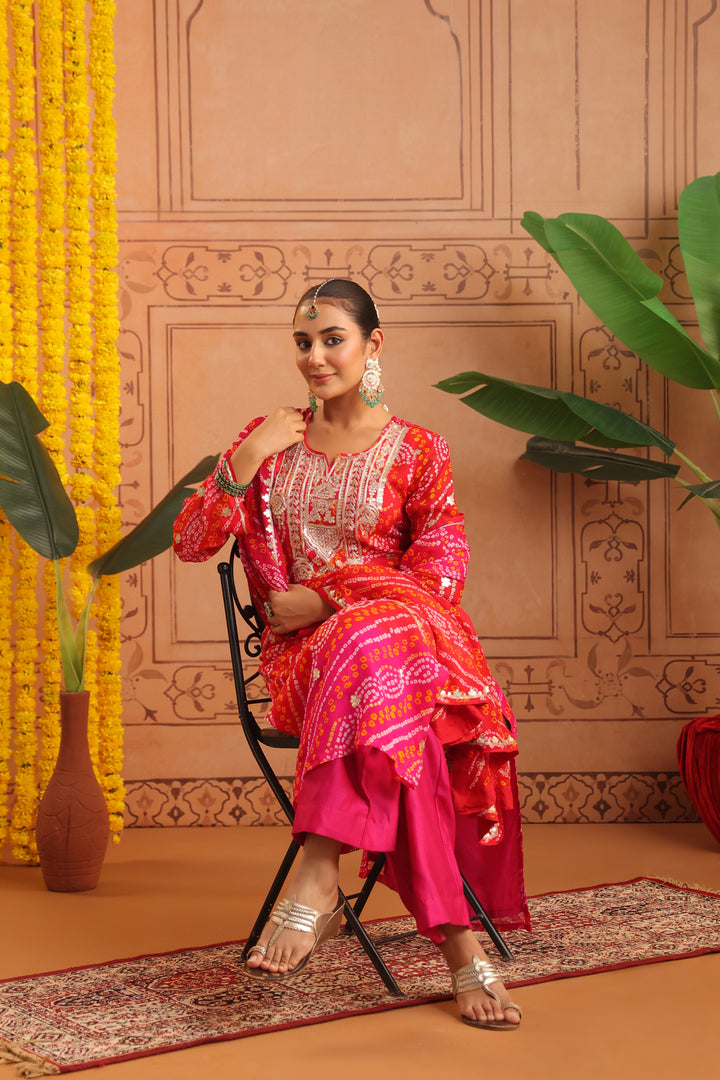 Nitya Red Rani Gota Mirror Bandhej Suit Set