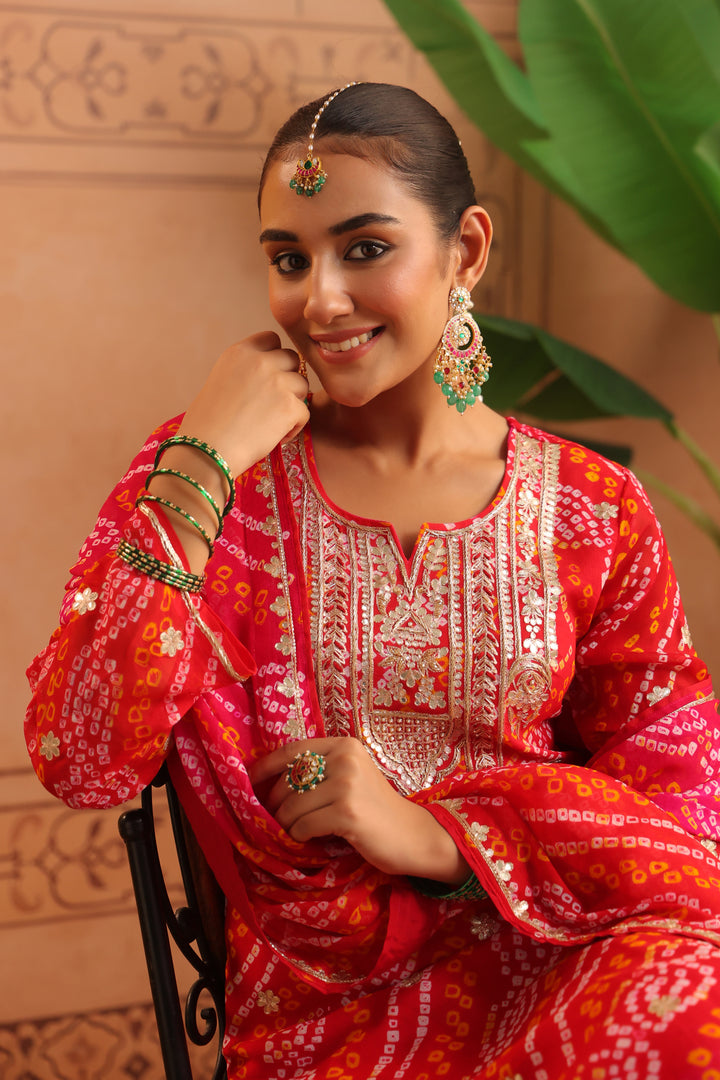 Nitya Red Rani Gota Mirror Bandhej Suit Set