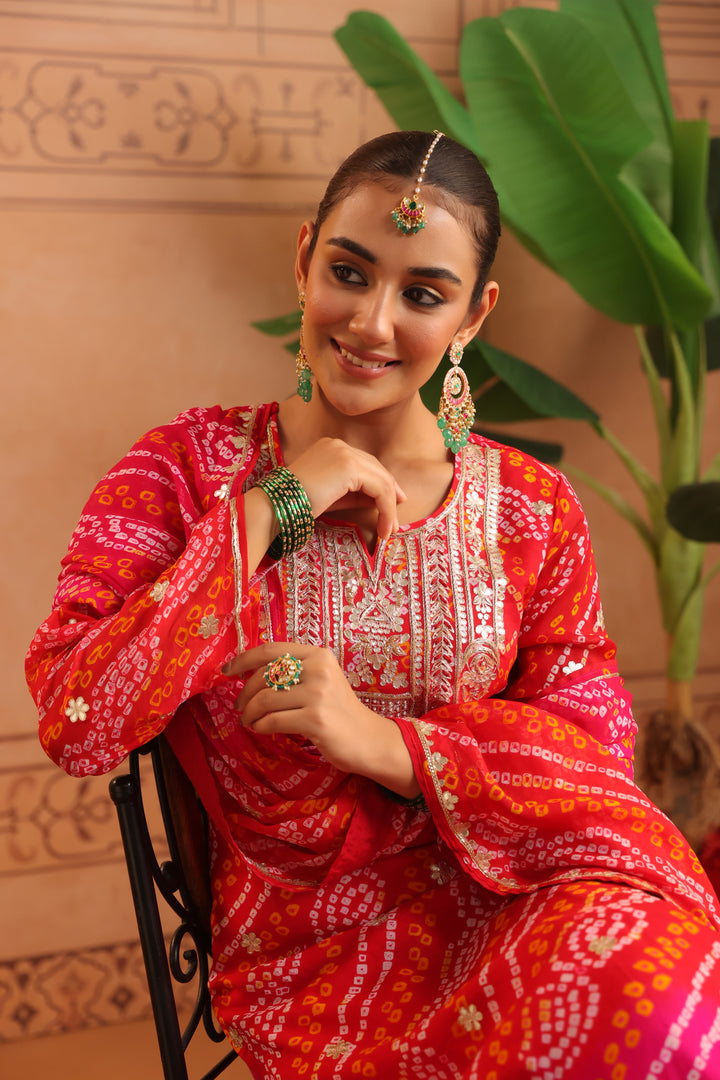 Nitya Red Rani Gota Mirror Bandhej Suit Set