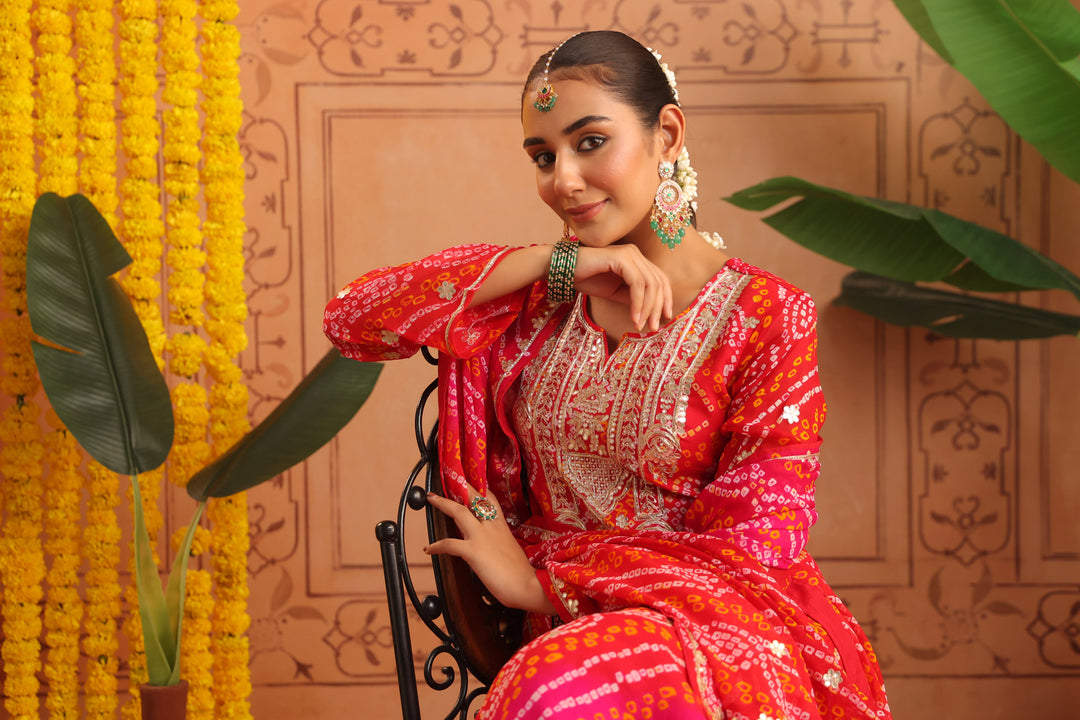 Nitya Red Rani Gota Mirror Bandhej Suit Set