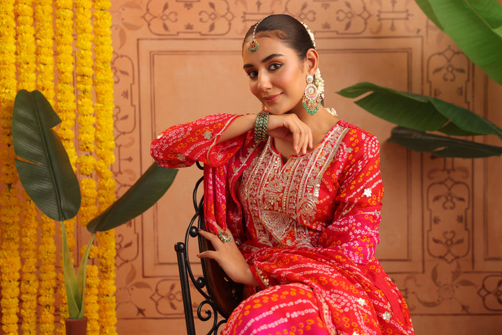 Nitya Red Rani Gota Mirror Bandhej Suit Set