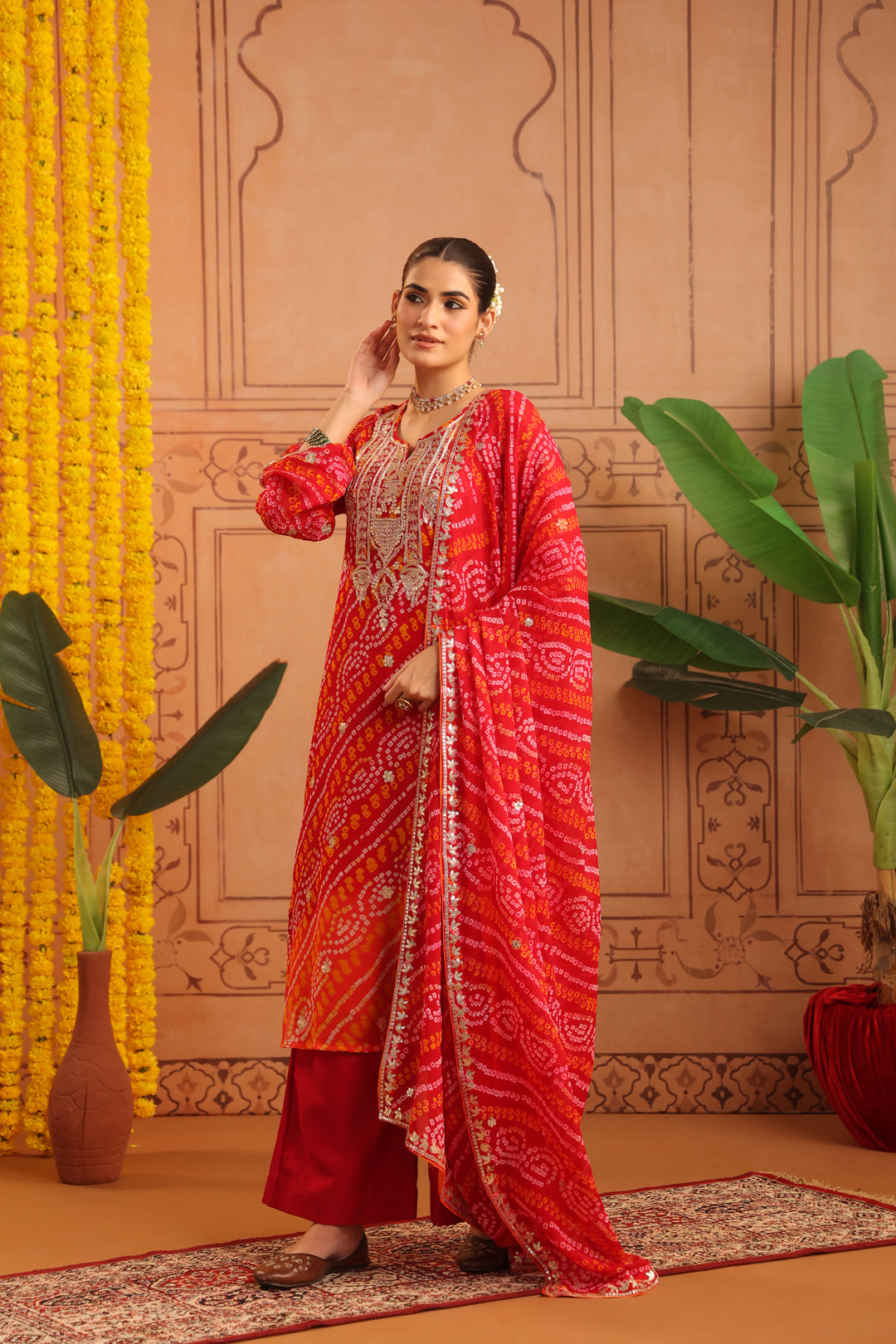 Vanya Red Orange Gota Bandhej Suit Set